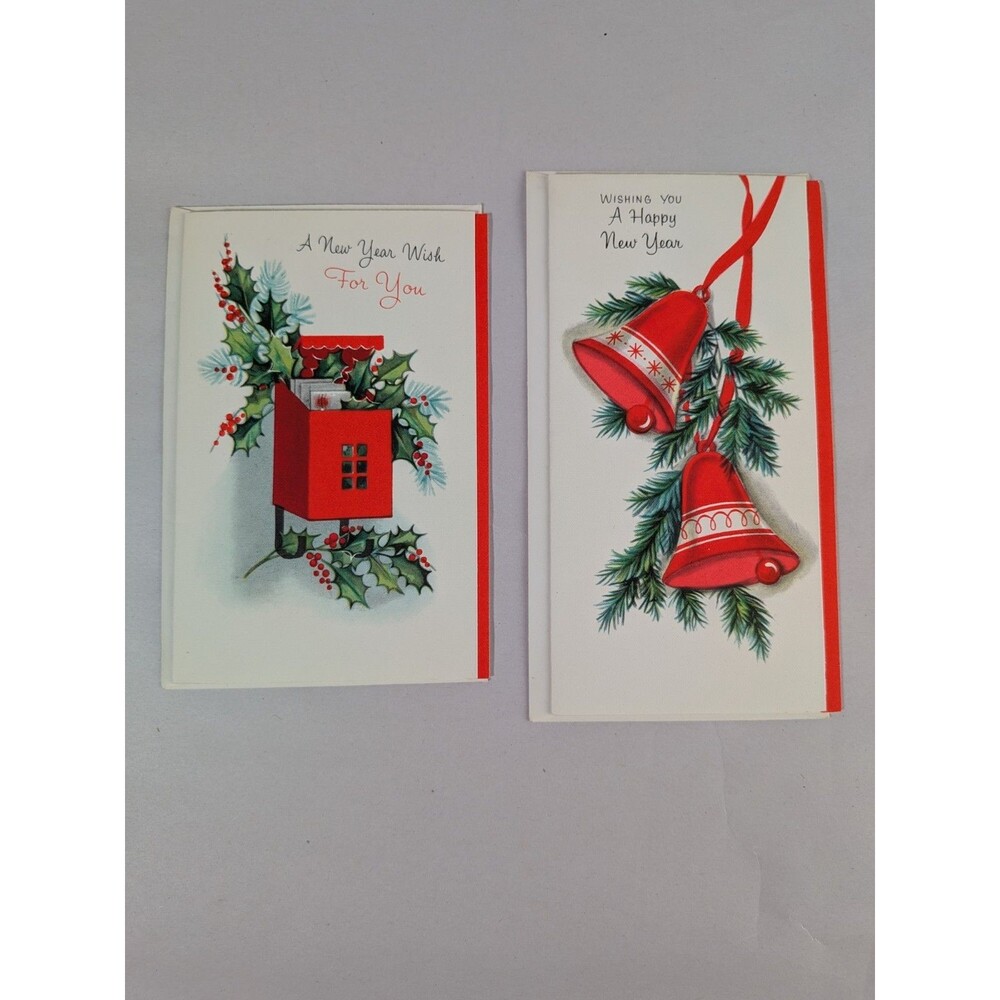 Vintage MCM Gibson Christmas Card Lot Of 2 w/Envelopes Bells New Year 1960s New